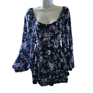 Altar'd State Navy Blue Floral Long Sleeve Ruffle Romper Westia Medium Coquette